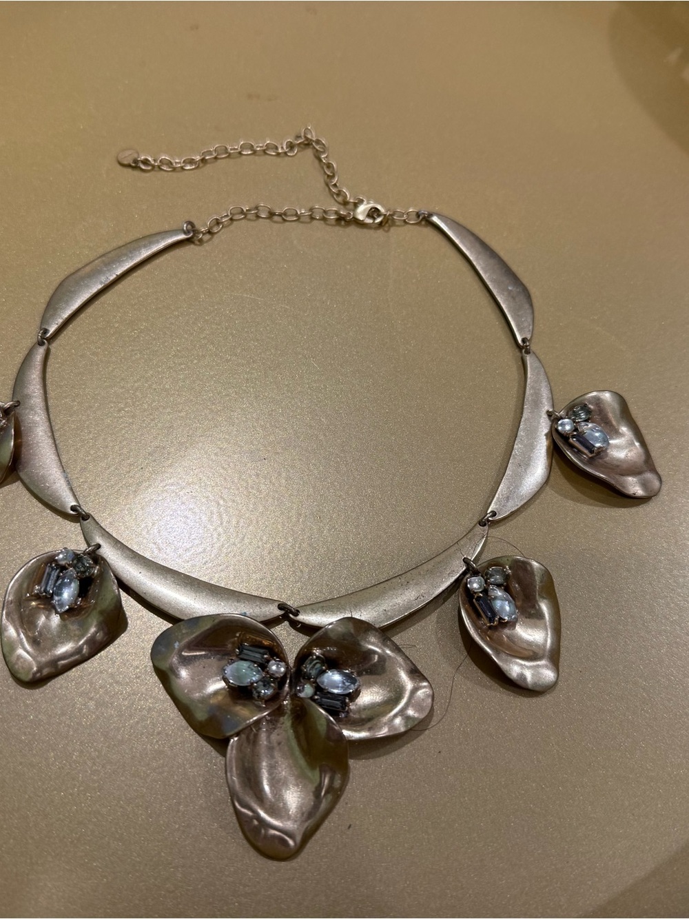 Stella and Dot Gold Tone Floral Petal Statement Necklace with Rhinestone Accents